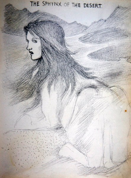 Aavikon sfinksi (kynä paperille) tekijältä Edward Coley Burne Jones