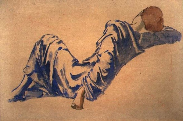 Tutkimus nukkuvasta hovimiehestä Briar Rose -sarjassa: Neuvostohuone (akvarelli punaisella liidulla paperille) tekijältä Edward Coley Burne Jones