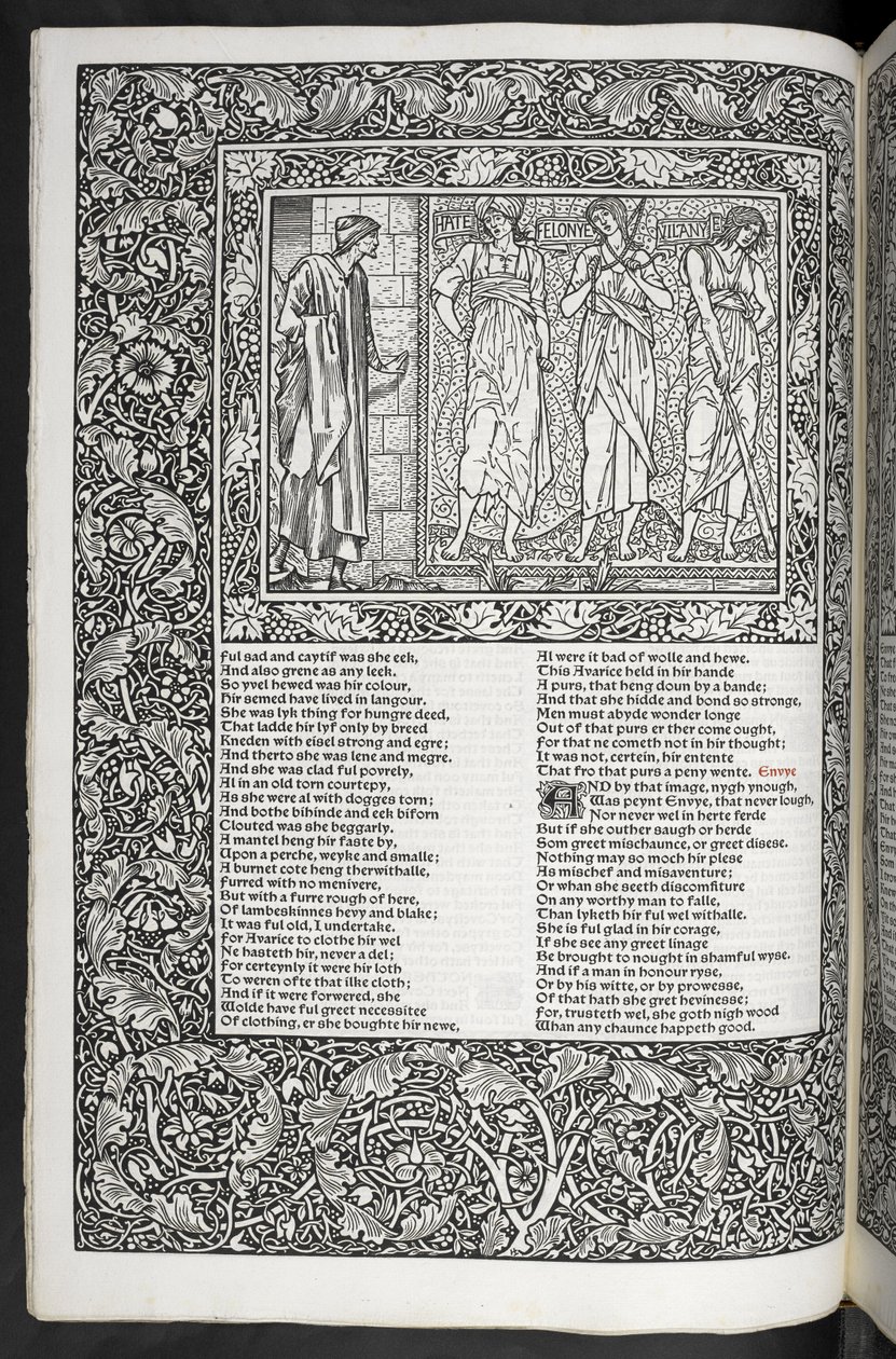 "Geoffrey Chaucerin teoksia on nyt juuri painettu Sir Edward Burne-Jonesin suunnittelemilla kuvilla" tekijältä Edward Coley Burne Jones
