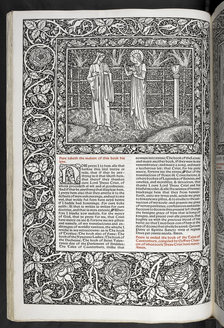 "Geoffrey Chaucerin teoksia on nyt juuri painettu Sir Edward Burne-Jonesin suunnittelemilla kuvilla" tekijältä Edward Coley Burne Jones
