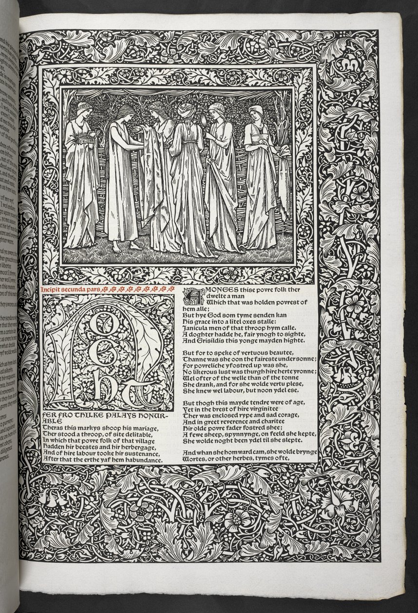 "Geoffrey Chaucerin teoksia on nyt juuri painettu Sir Edward Burne-Jonesin suunnittelemilla kuvilla" tekijältä Edward Coley Burne Jones