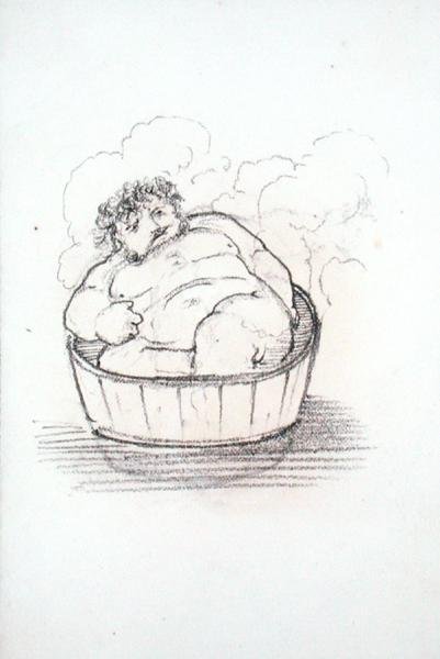 William Morris (1834-96) kylpyammeessa, piirustusalbumista (kynä paperille) tekijältä Edward Coley Burne Jones