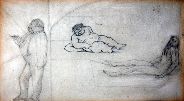 William Morris ja taiteilija höyrysaunassa, n. 1890 (kynä paperilla) tekijältä Edward Coley Burne Jones