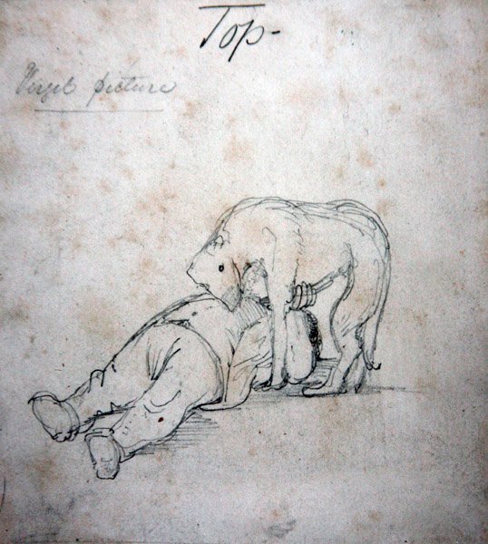 William Morris leikkii koiransa kanssa, n. 1890 (kynä paperilla) tekijältä Edward Coley Burne Jones