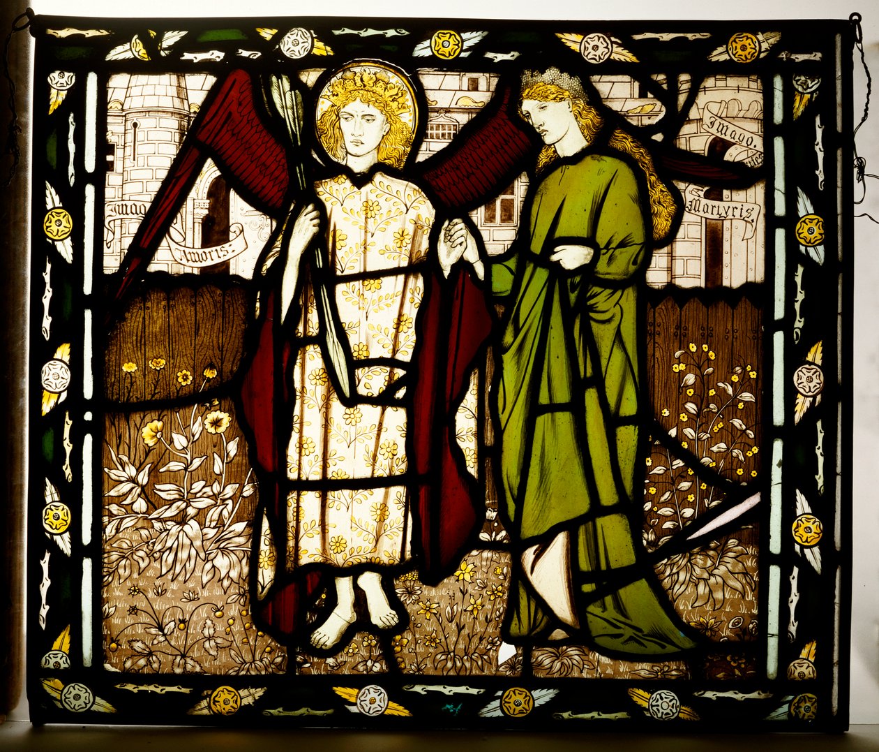 Amor ja Alcestis, Morris & Co. -paneeli Geoffrey Chaucerin "Legend of Good Wimmen" -sarjasta, 1864 tekijältä Edward Burne Jones