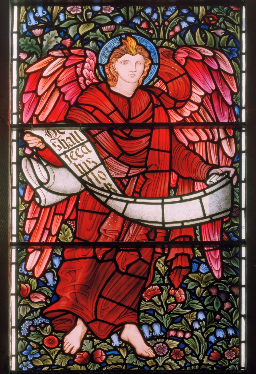 Enkeli, jolla on käärö, Itäikkuna, 1880 (lasimaalauksia) tekijältä Edward Burne Jones