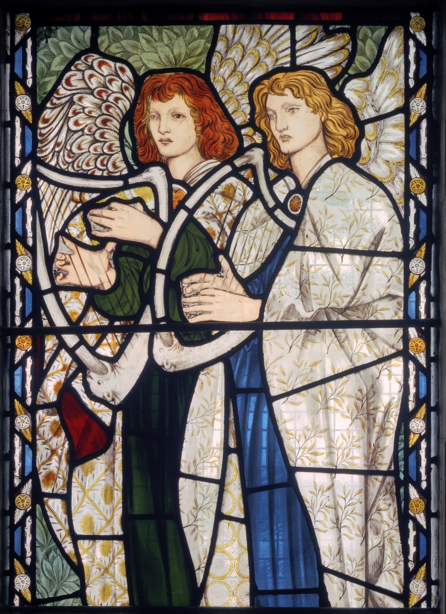 Harppua soittavat enkelit, 1866 (lasimaalauksia) tekijältä Edward Burne Jones