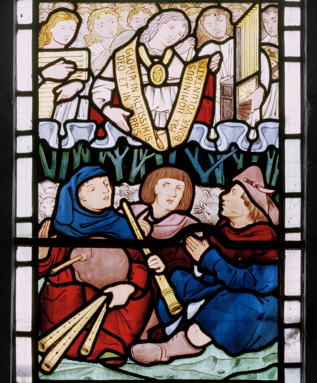 Ilmestyskirja paimenille, itäikkunan predella, 1864 (lasimaalauksia) tekijältä Edward Burne Jones