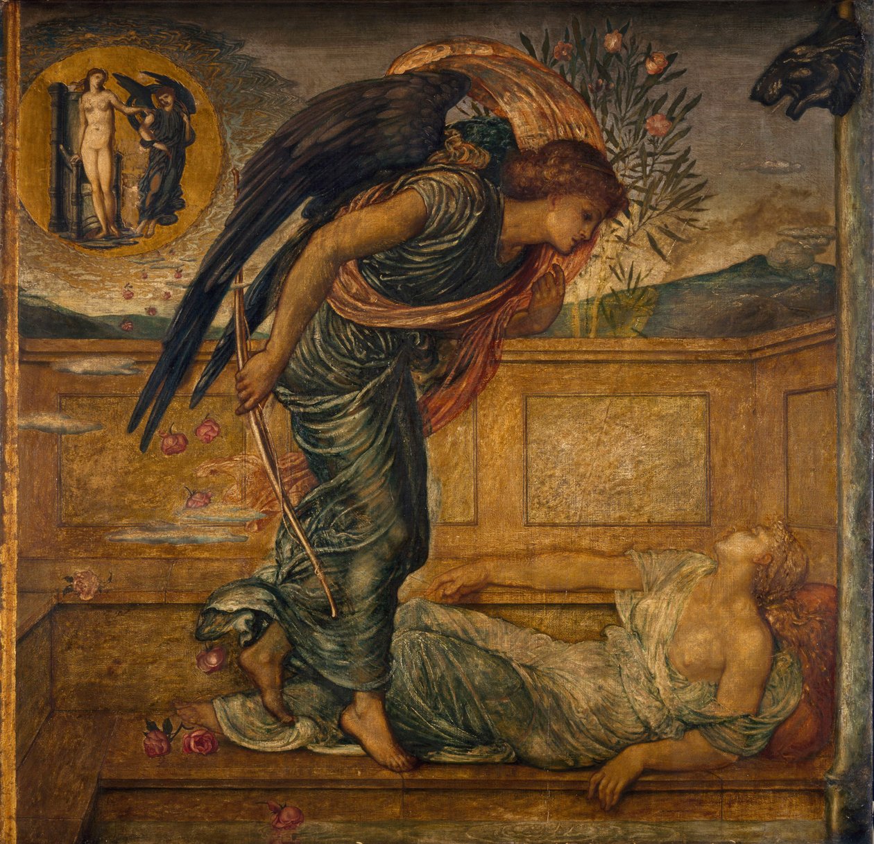 Cupid and Psyche - Palatsin vihreät seinämaalaukset - Amor etsii psyykettä unessa suihkulähteen äärellä, 1881 tekijältä Edward Burne Jones