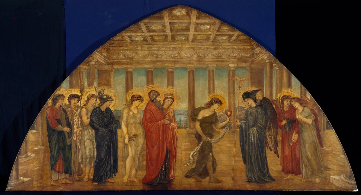 Cupid ja Psyche - Palatsin vihreät seinämaalaukset - Psyche saapuu Olympuksen portaaleihin, 1881 tekijältä Edward Burne Jones