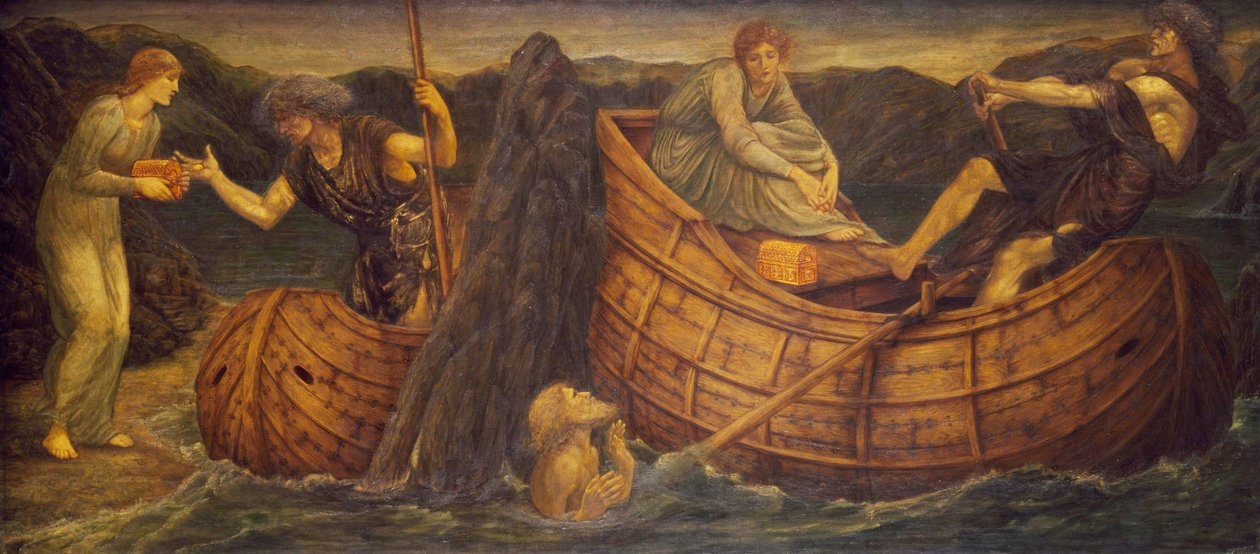 Cupid and Psyche - Palatsin vihreät seinämaalaukset - Psyche antaa kolikon Styxin lauttamiehelle, 1881 tekijältä Edward Burne Jones