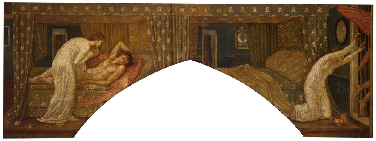 Amor ja Psyche - Palatsin vihreät seinämaalaukset - Lamppua pitelevä psyyke katselee nukkuvan Amorin ja psyyken kasvoja, 1881 tekijältä Edward Burne Jones