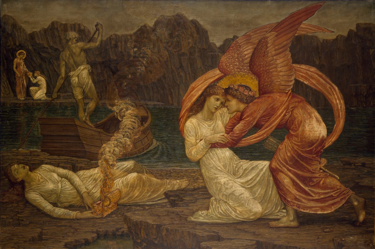 Cupid and Psyche - Palatsin vihreät seinämaalaukset - Psyche vastaanottaa arkun Proserpinelta, 1881 tekijältä Edward Burne Jones