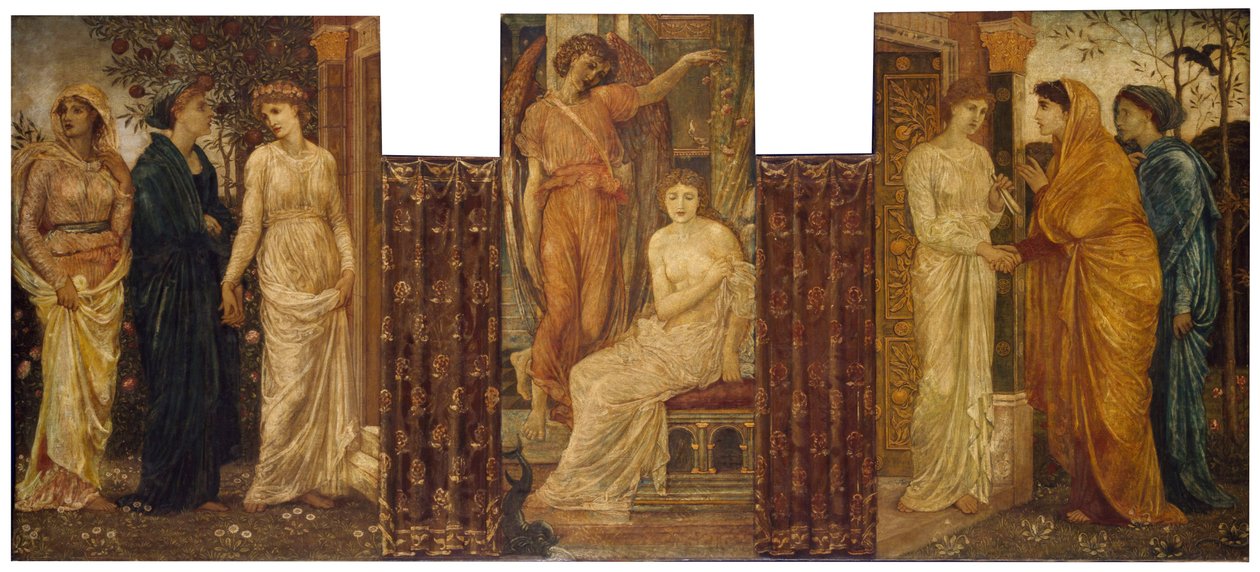 Cupid ja Psyche - Palatsin vihreät seinämaalaukset - Psychen sisaret vierailevat hänen luonaan Cupidin talossa, 1881 tekijältä Edward Burne Jones