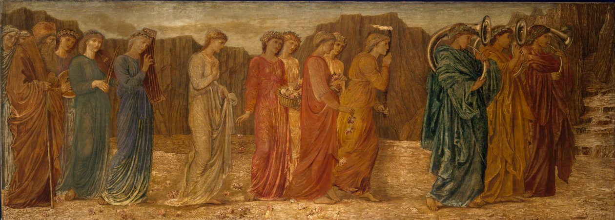 Cupid and Psyche - Palatsin vihreät seinämaalaukset - Kuningas ja muut surejat hylkäävät Psychen hirviölle, 1881 tekijältä Edward Burne Jones