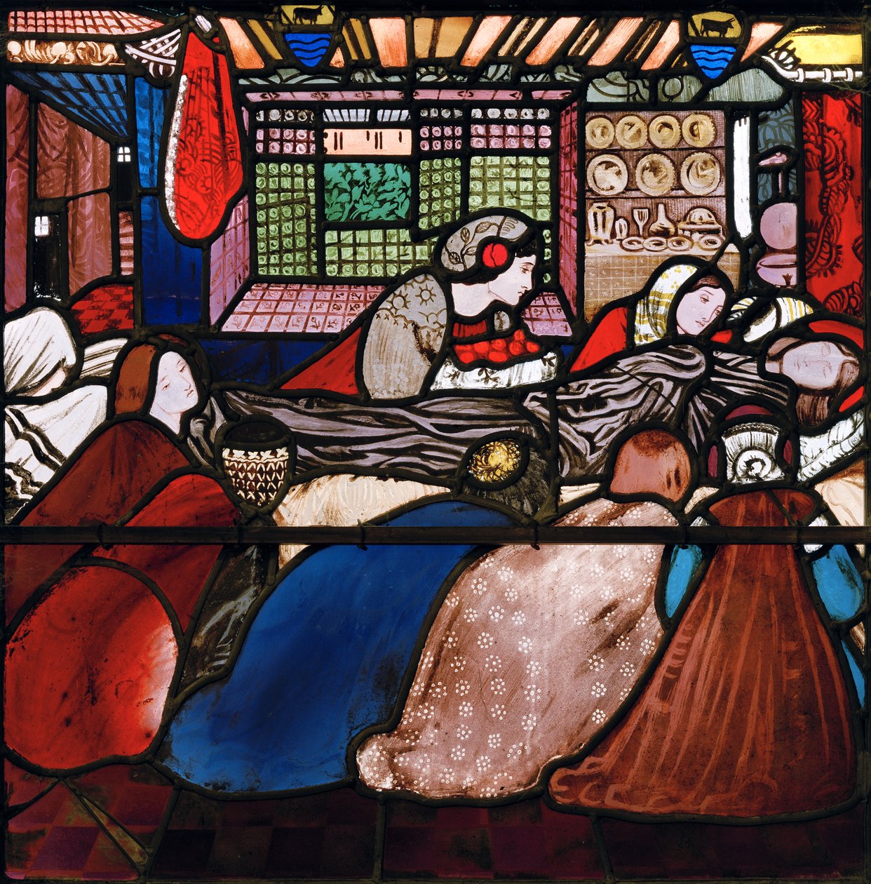 Pyhän Frideswiden kuolema, 1859 (lasimaalauksia) tekijältä Edward Burne Jones