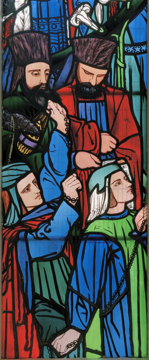 Yksityiskohta Salomon ja Saaban kuningattaren kulkueesta, 1857 (lasimaalauksia). tekijältä Edward Burne Jones