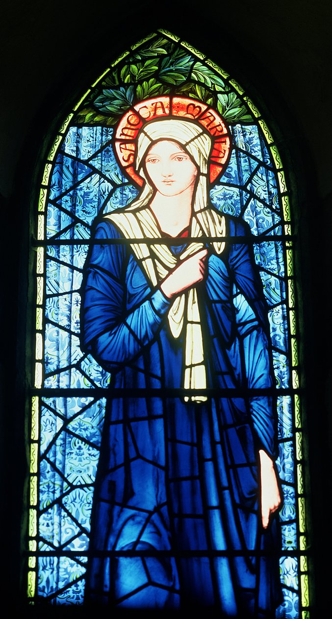 Yksityiskohta Neitsyt Marian lasimaalauksesta tekijältä Edward Burne Jones