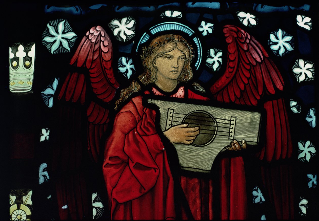 Yksityiskohta Enkeli muusikko, William Morris ja Co., 1882 lasimaalauksia tekijältä Edward Burne Jones