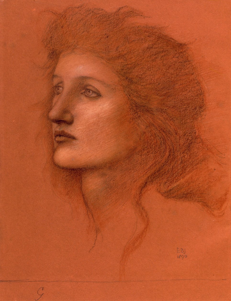 Naispää, 1890 (pastelli paperille) tekijältä Edward Burne Jones