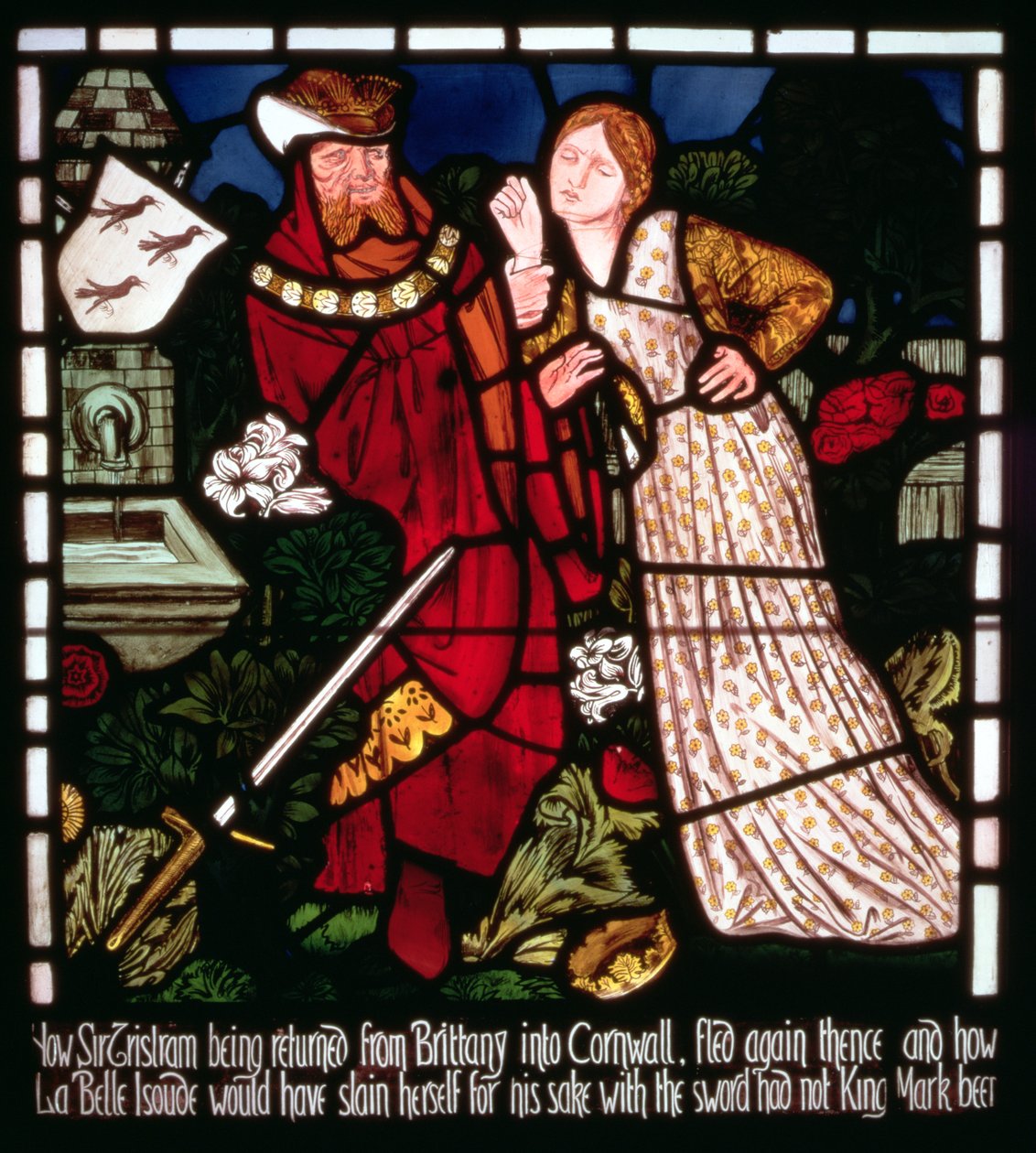Isolde the Fair yrittää tappaa itsensä, "Tristanin ja Isolden tarina", William Morris und Co. (lasimaalaus) tekijältä Edward Burne Jones