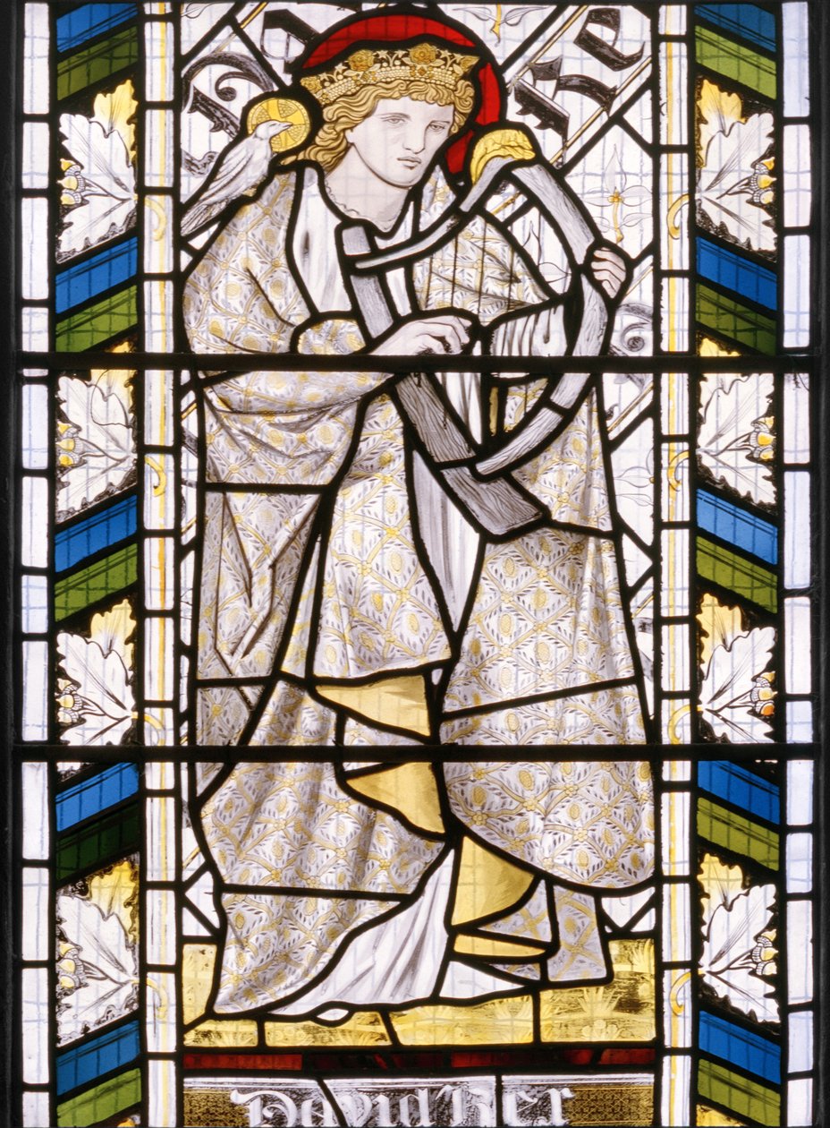 Kuningas Daavid, yksityiskohta itäisestä ikkunasta, 1866 (lasimaalauksia). tekijältä Edward Burne Jones