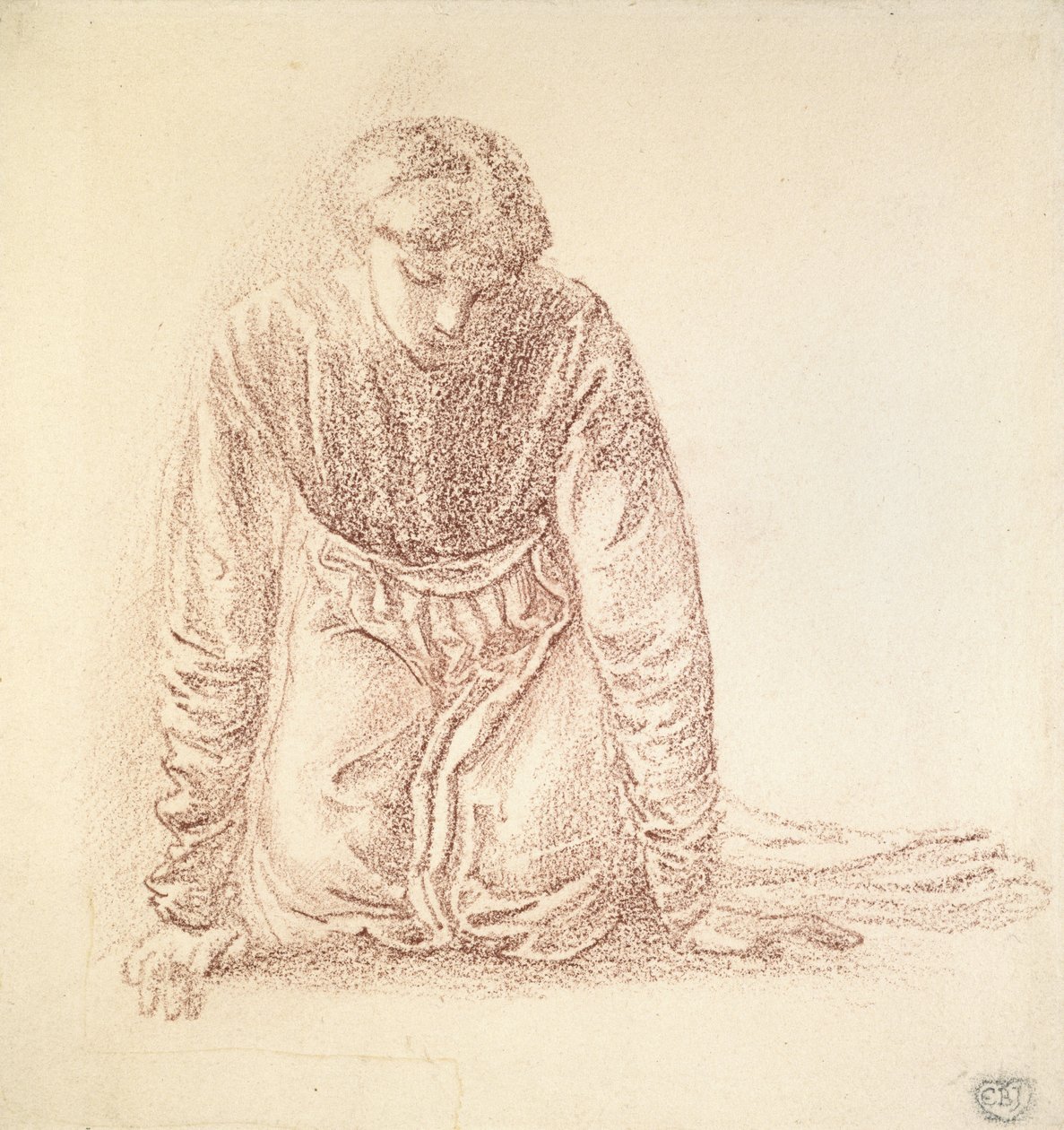 Polvistuva naisehahmo (tummanpunainen liitu valkoisella paperilla) tekijältä Edward Burne Jones