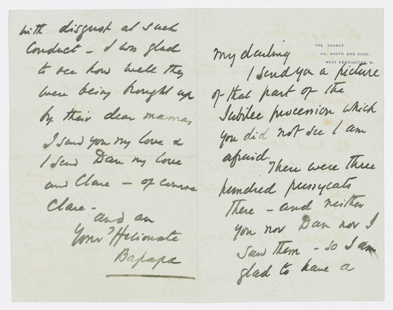 Kirje taiteilijan tyttärentytär Angela Thirkellille (kynä paperille) tekijältä Edward Burne Jones