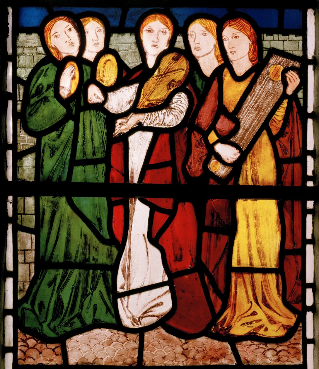 Neitomuusikot, Salomon laulusta, 1862 (lasimaalauksia) tekijältä Edward Burne Jones