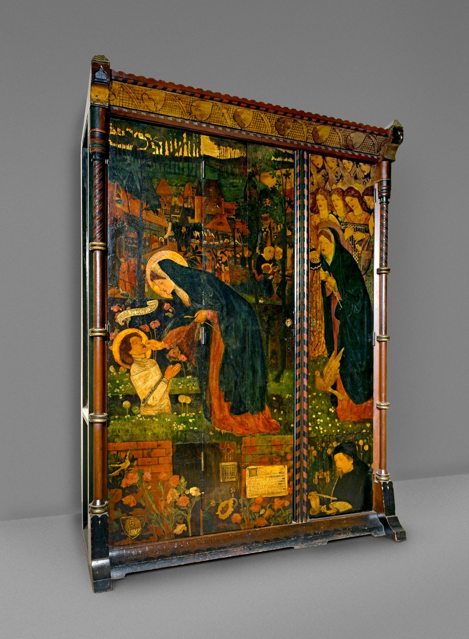 Prioressan tarina -vaatekaappi, 1859 (maalattu mänty ja tammi) tekijältä Edward Burne Jones