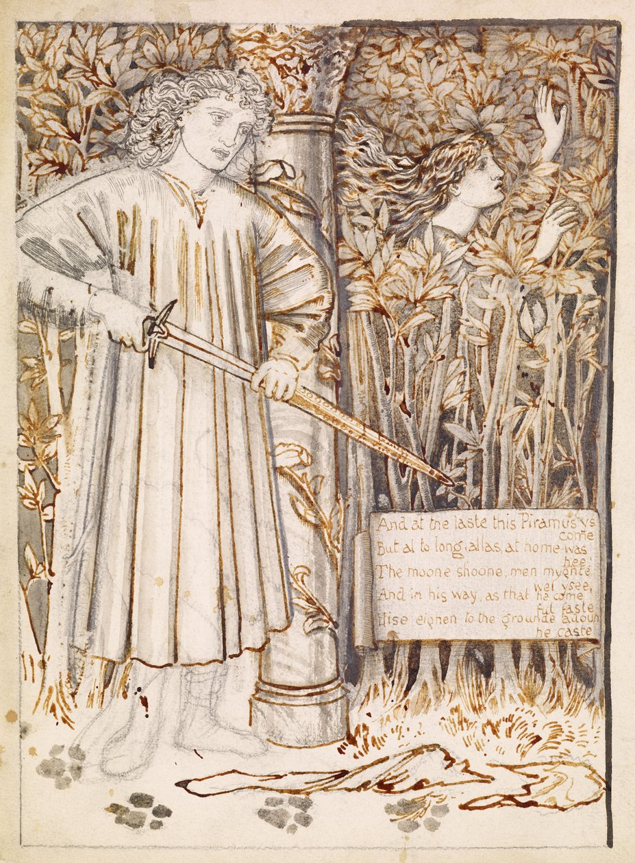 Pyramus ja Thisbe – Pyramus vetää miekkansa tappaakseen itsensä, 1866 tekijältä Edward Burne Jones