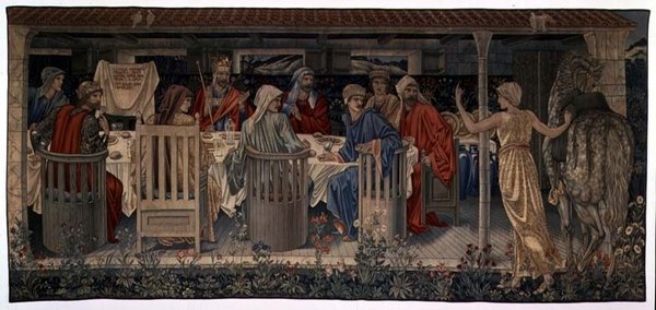 Quest for the Holy Graal Tapestries, paneeli 1, Strange Damselin matkaan kutsumat pyöreän pöydän ritarit, 1898-1899 tekijältä Edward Burne Jones