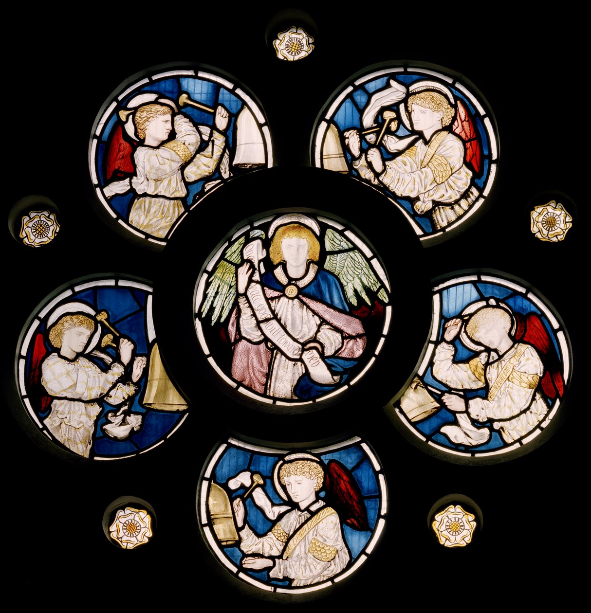 Ruusuikkuna, 1866 (lasimaalauksia) tekijältä Edward Burne Jones
