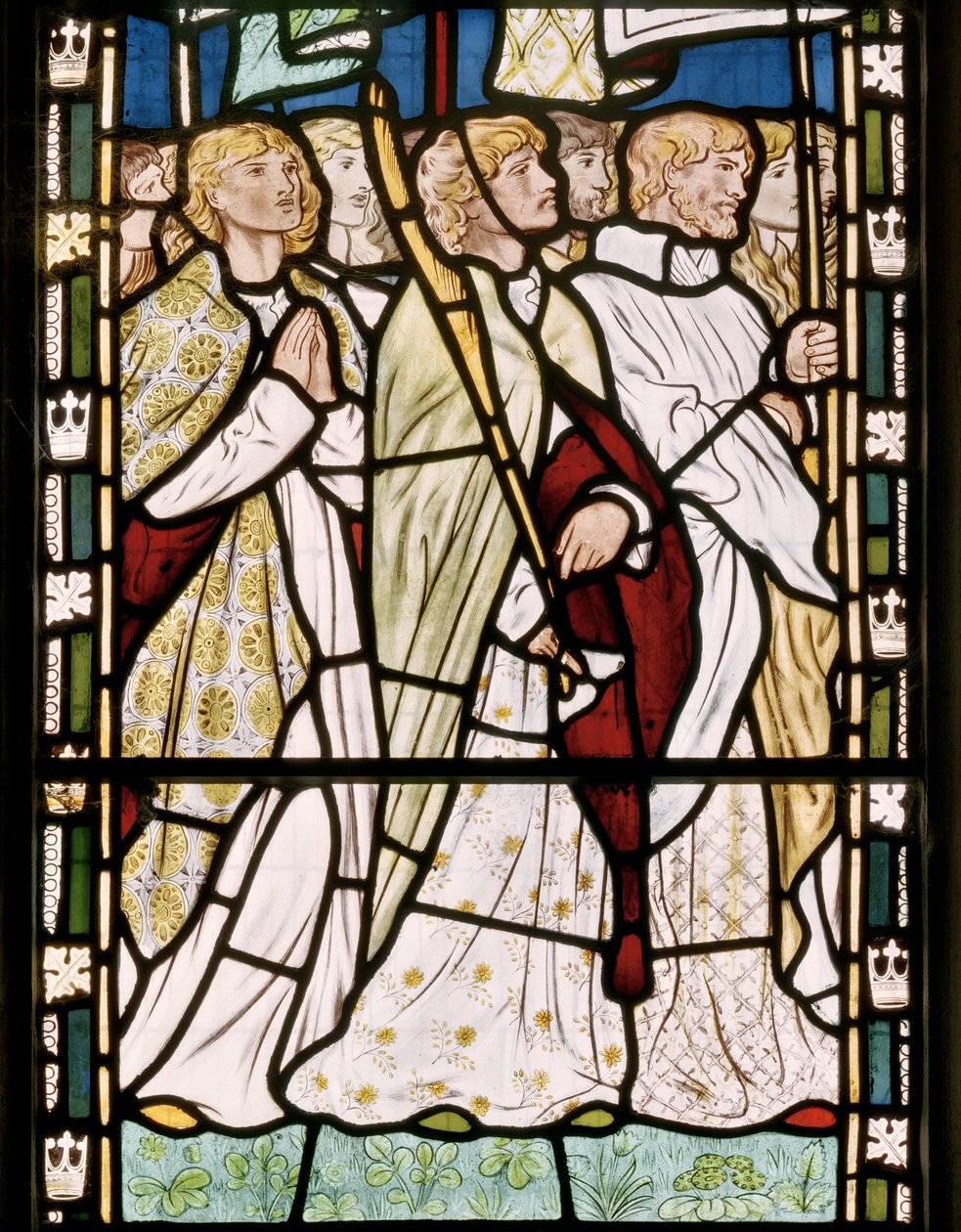 Pyhimykset lippuineen, 1865 (lasimaalauksia) tekijältä Edward Burne Jones
