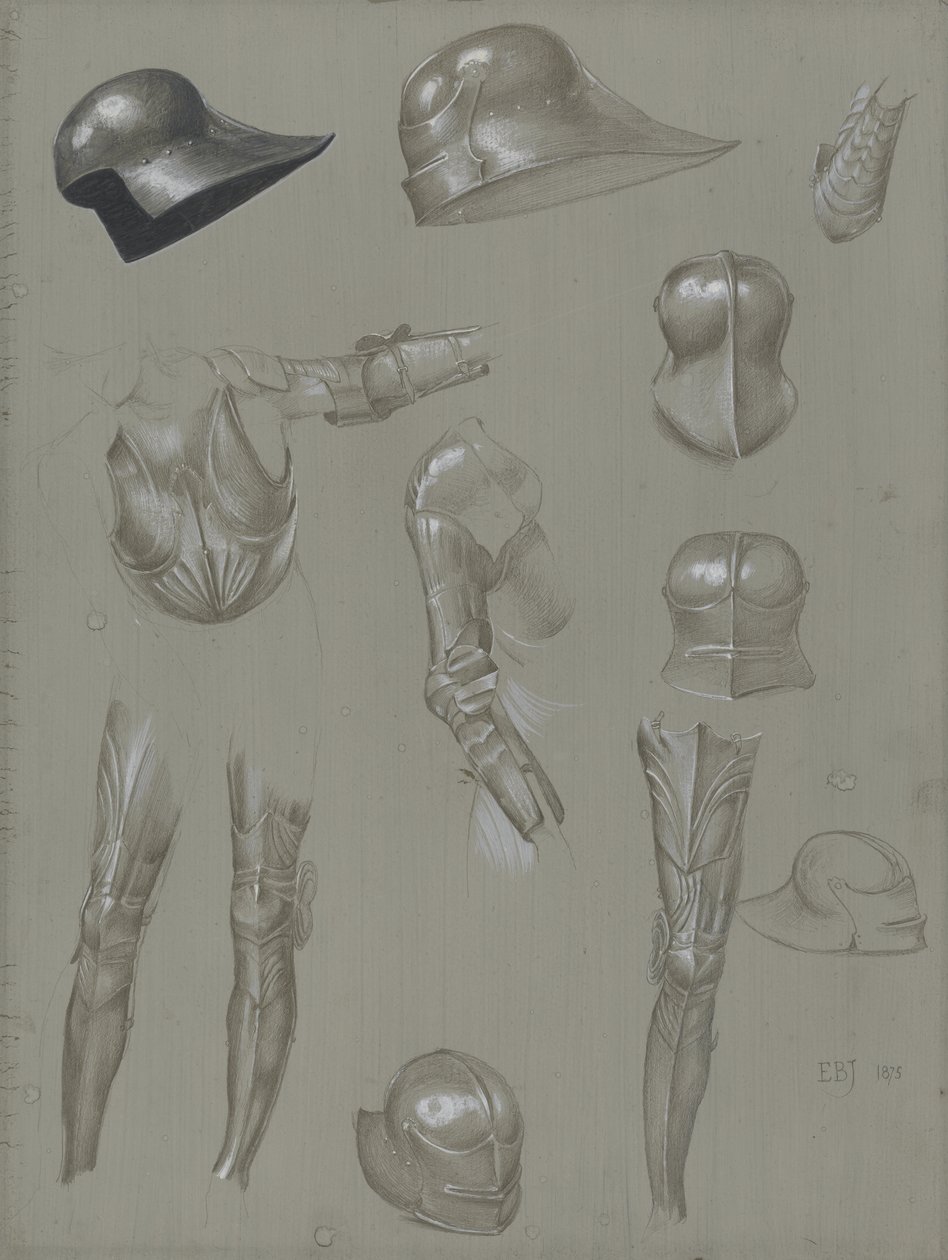 Studies of a Suit of Armour, 1875 (grafiitti, pesu, wc ja vartaloväri paperilla) tekijältä Edward Burne Jones