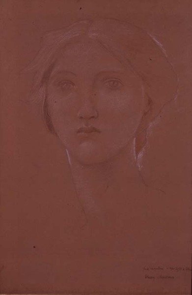 Margaret Burne-Jonesin tutkimus "Kuningas Cophetua ja kerjäläinen piika" (musta, valkoinen ja sangviininen liitu paperille) (katso 100690) tekijältä Edward Coley Burne Jones