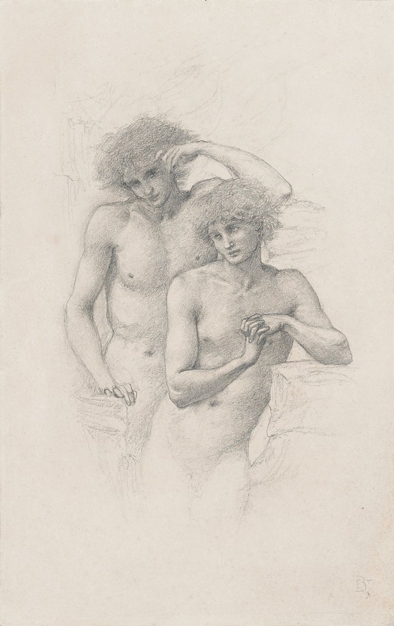 Tutkimus kahdesta miesalastosta elokuvaan "Arthur in Avalon", n. 1885 tekijältä Edward Burne Jones