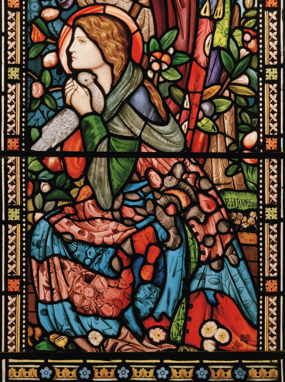 Marian ilmestys, noin 1860 (lasimaalauksia) tekijältä Edward Burne Jones