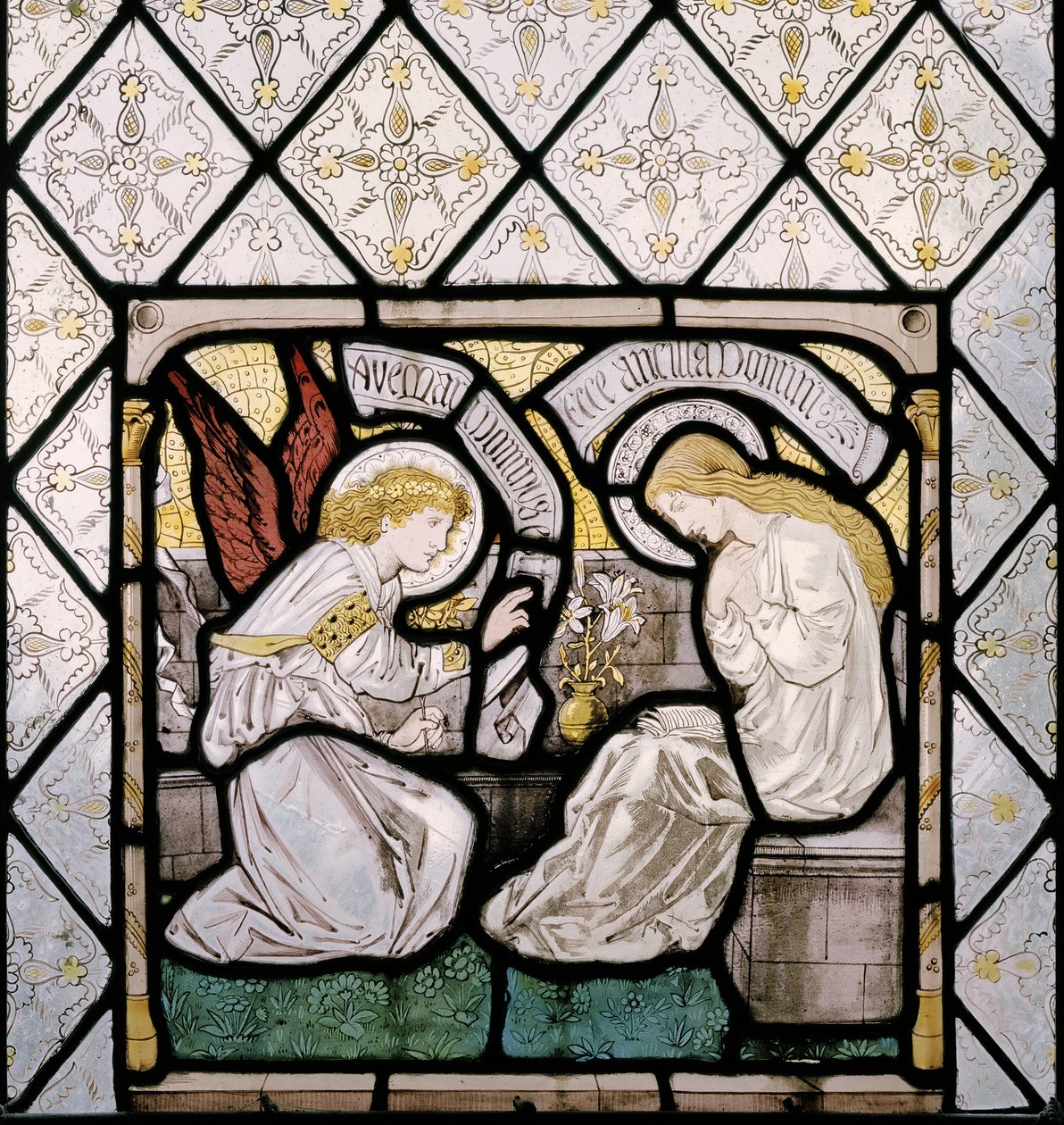 Marian ilmestys, yksityiskohta itäisestä ikkunasta, 1865 (lasimaalauksia). tekijältä Edward Burne Jones