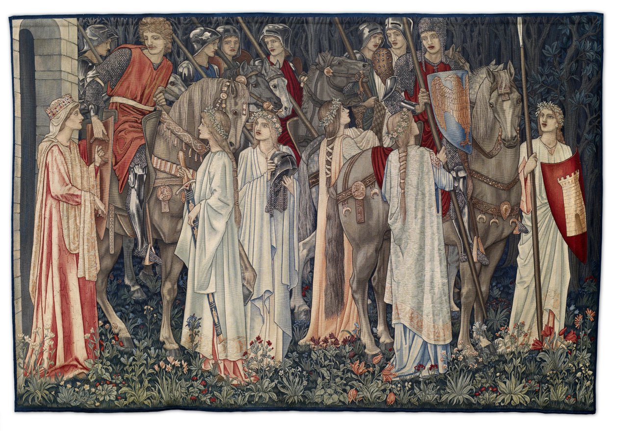 Ritarien aseistautuminen ja lähtö, taiteilijan suunnittelema ja Morris & Co.:n kutoma kuvakudos, 1895-96 tekijältä Edward Burne Jones