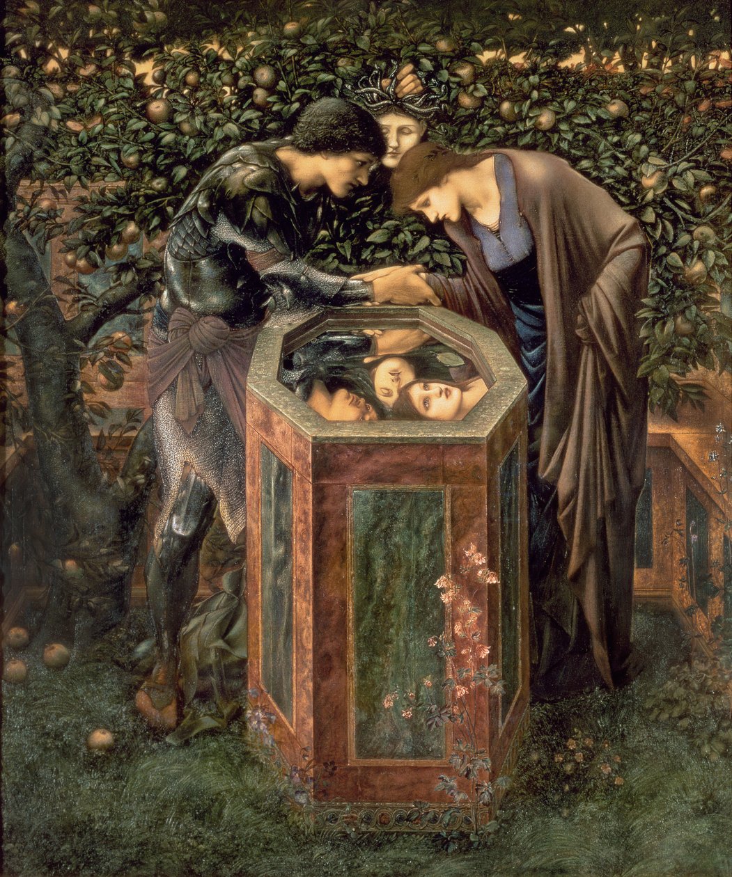 The Baleful Head, kuvitus William Morrisin teoksesta "The Earthly Paradise"; Perseus näyttää Andromedalle Medusan pään heijastuneena kaivoon tekijältä Edward Coley Burne Jones