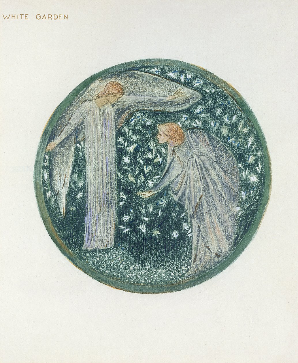 Kukkakirja: XXXIV. Valkoinen puutarha, 1905 (litho guassipaperilla) tekijältä Edward Burne Jones