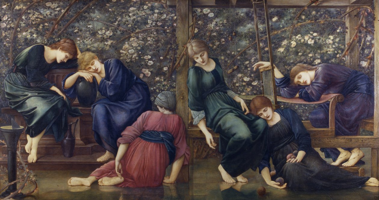 The Garden Court, Briar Rose -sarjasta, n. 1894 (öljy kankaalle) tekijältä Edward Burne Jones