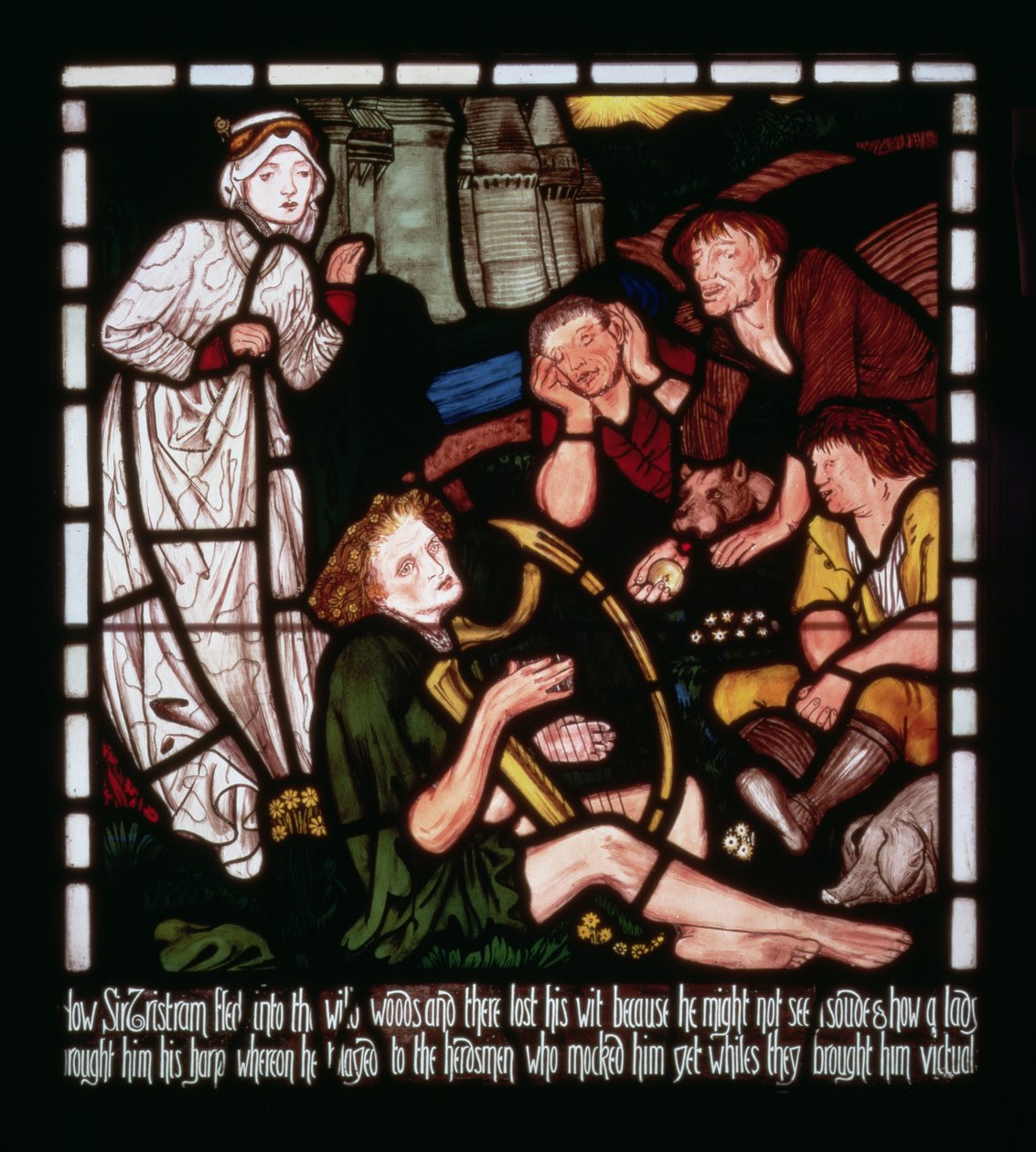 The Madness of Sir Tristan, teoksesta "The Story of Tristan and Isolde", William Morris und Co. (lasimaalauksia) tekijältä Edward Burne Jones