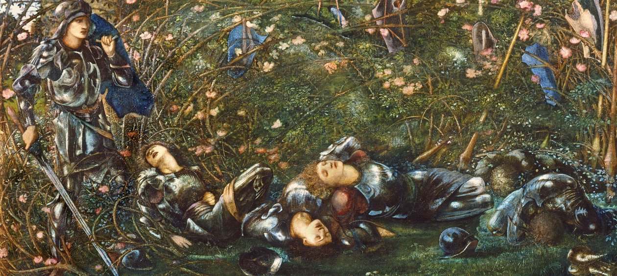 Prinssi astuu Briar Woodiin, kuvitus elokuvasta "The Legend of Briar Rose" 1871-72 tekijältä Edward Burne Jones