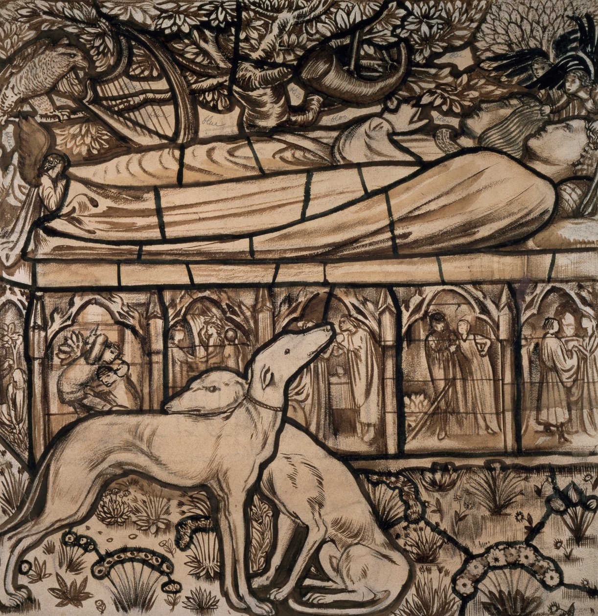 Tristramin ja Iseultin hauta, sarjakuva lasimaalauksille, 1862 tekijältä Edward Burne Jones