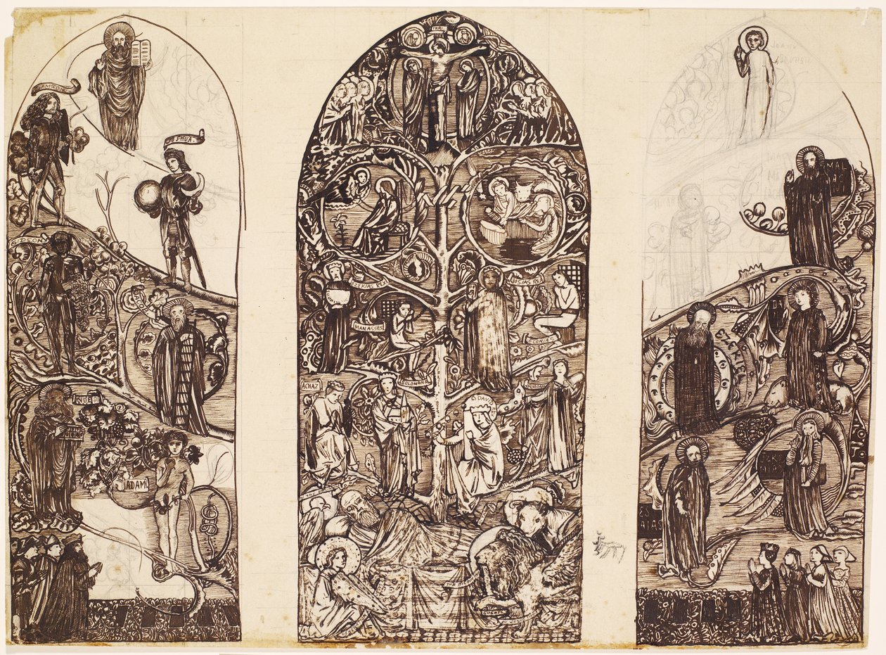 The Tree of Jesse, suunnittelu lasimaalauksille Waltham Abbeyssa, valmistaja Powell & Co., 1860 tekijältä Edward Burne Jones