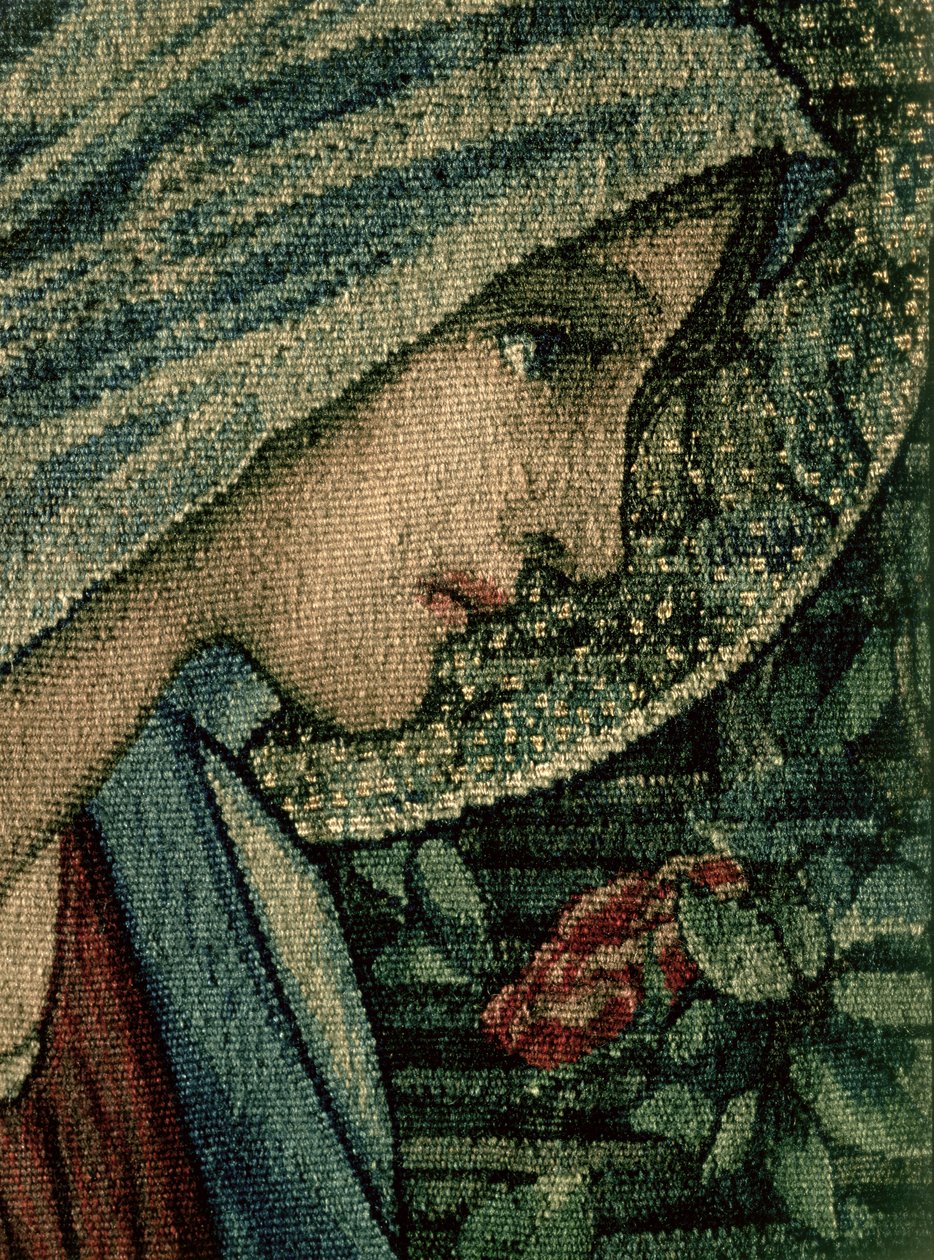 Neitsyiden kasvot, yksityiskohta teoksesta The Adoration of the Magi, William Morris and Co. Merton Abbey käsinkudottu villakudos, yksityiskohta 74333. tekijältä Edward Burne Jones