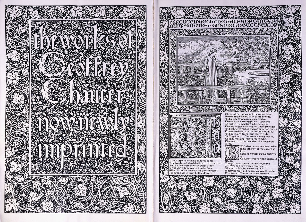 Nimisivu ja avaussivu Kelmscott Press -julkaisusta "The Works of Geoffrey Chaucer", 1896 tekijältä Edward Burne Jones