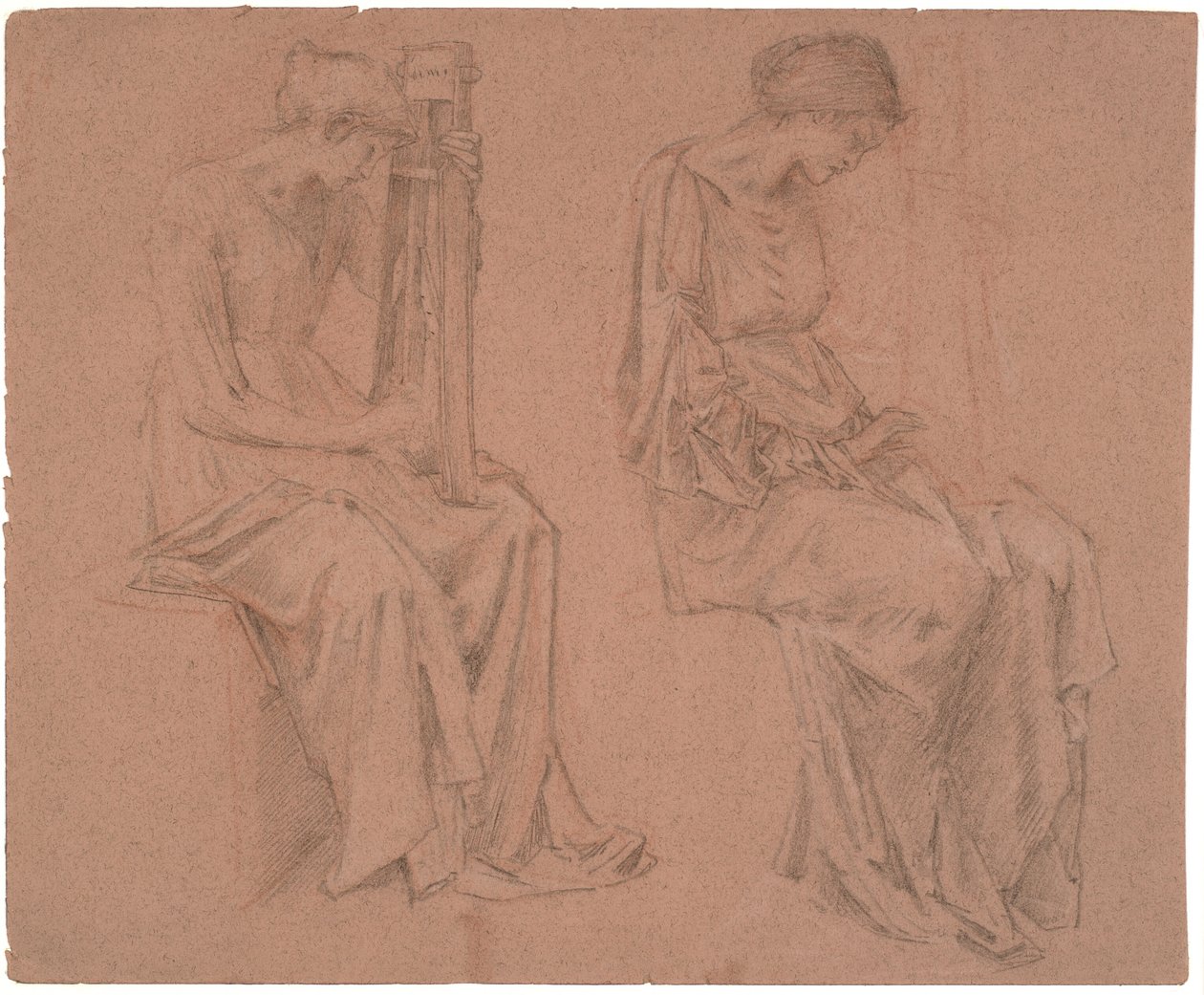 Kaksi tutkimusta istuvasta tytöstä, joka soittaa kantelua tekijältä Edward Coley Burne Jones
